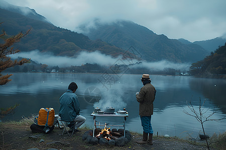 烧烤篝火湖畔烧烤的人背景