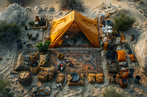 沙漠上的生存装备和露营必需品图片