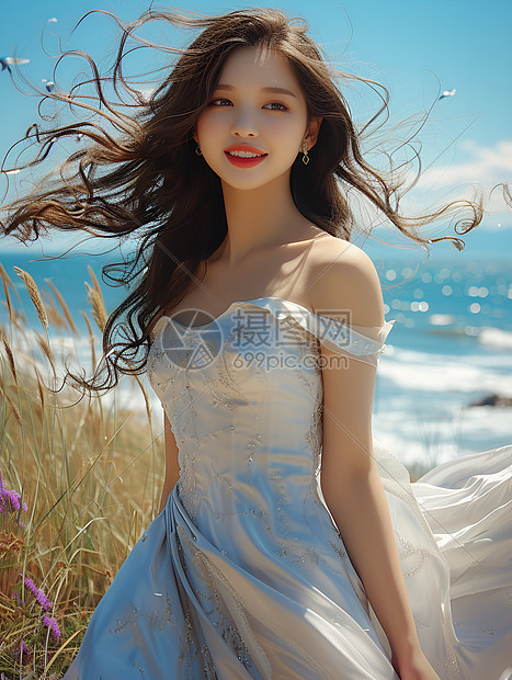 沙滩上优雅的白裙少女图片