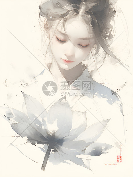 水墨的花朵和少女图片