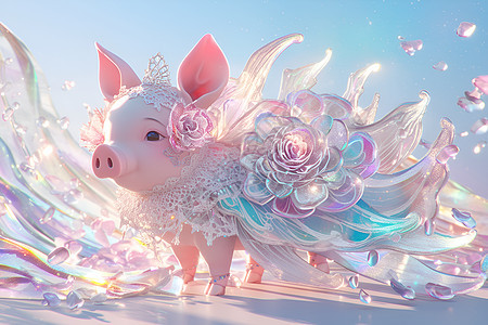 花羽装扮的小猪在蓝天下绽放背景图片