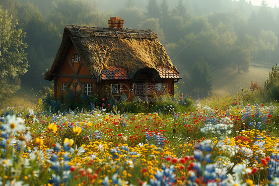 花海中的田园小屋图片