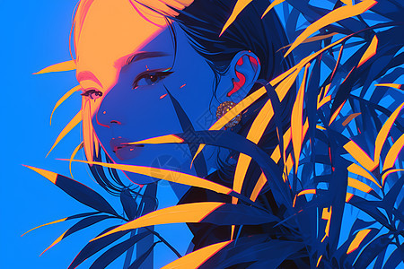 神秘静谧蓝天中的女子与植物图片