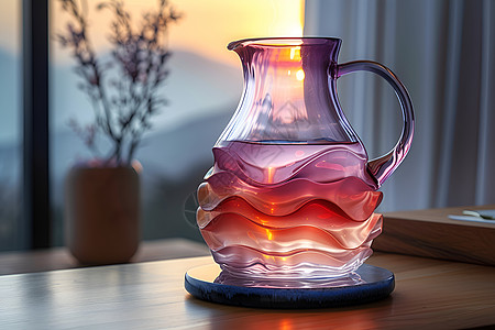 日落背景下的紫色玻璃容器高清图片