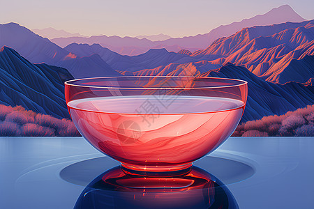 山水背景下的玻璃碗背景图片