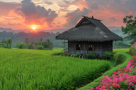 成熟水稻稻田里的茅屋背景