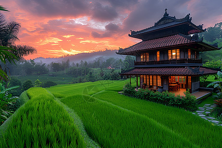 日落下的水稻田图片