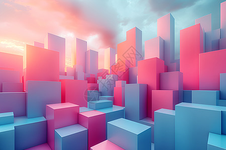 城市里的粉蓝方块菲利普·霍达斯的几何抽象艺术图片