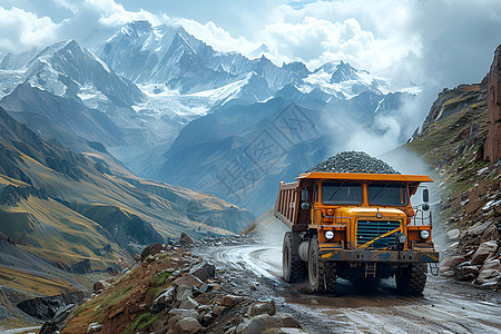 矿车穿越山脉道路上图片