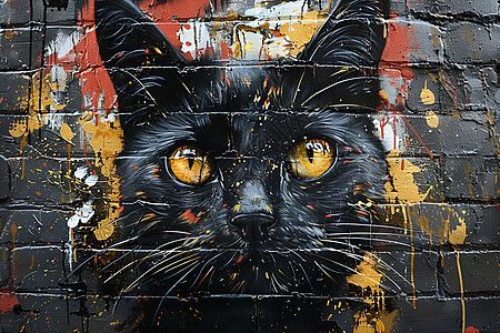 墙上的黑猫涂鸦艺术图片