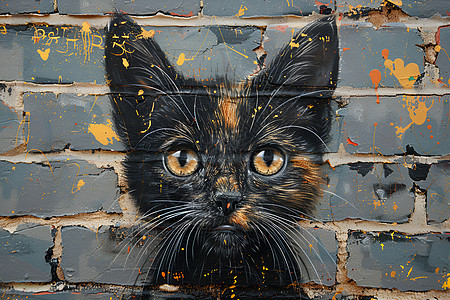 黑色猫头在砖墙上的涂鸦艺术图片