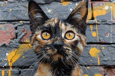 彩绘砖墙上的可爱猫咪图片