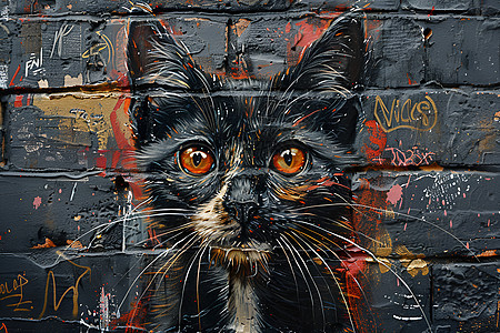 猫咪艺术砖墙图片