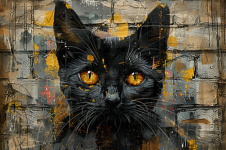 黑色猫咪艺术壁画图片