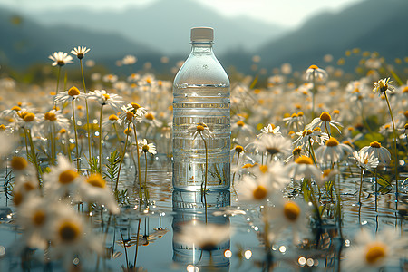 水瓶与漂浮的洋甘菊图片