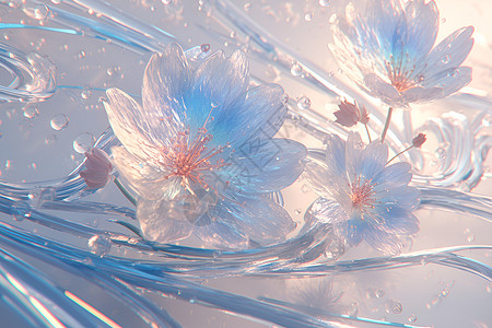 水面上漂浮的一组玻璃花朵图片