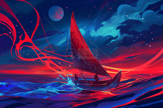 红色海面上的船只图片