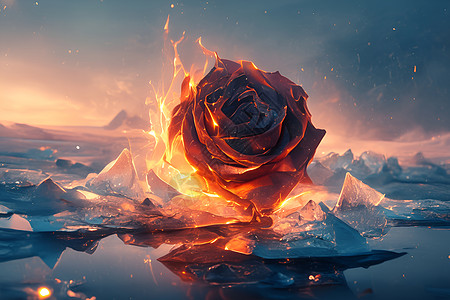 红色花瓣雪地上的燃烧玫瑰插画