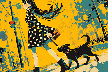 女孩牵着小黑狗背景图片