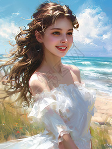 海边穿着白色连衣裙的女子图片