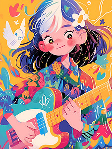 彩绘的吉他和女孩插画背景图片