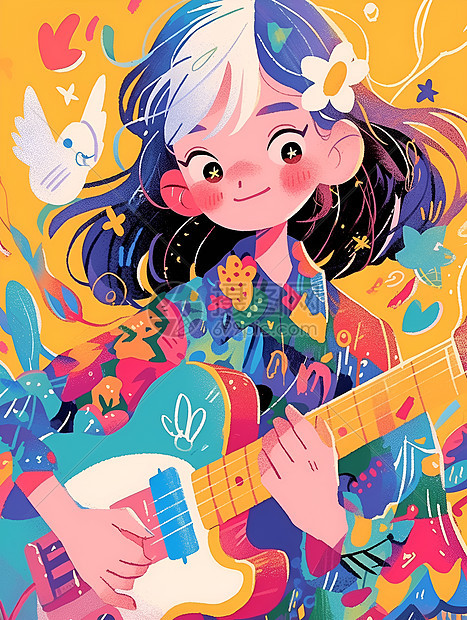 彩绘的吉他和女孩插画图片