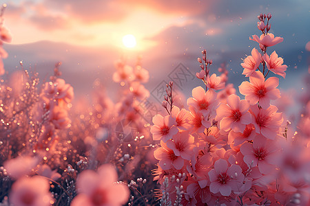 日出时的粉色花海图片