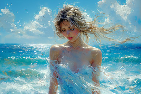 海洋中的白裙少女图片
