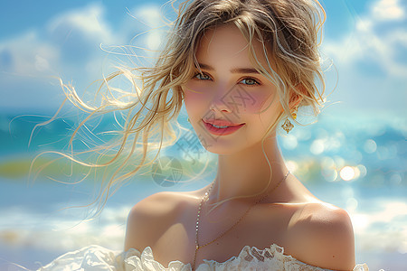 白裙少女海边甜蜜微笑图片