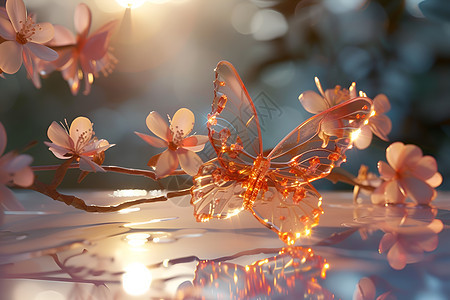阳光下的玻璃蝴蝶和花朵图片