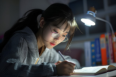 女孩眼镜台灯下学习的女孩背景