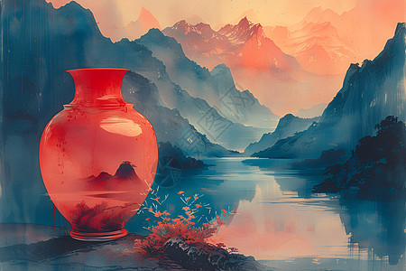 湖畔的红天山与水的雅致图片