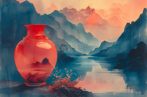 湖畔的红天山与水的雅致图片
