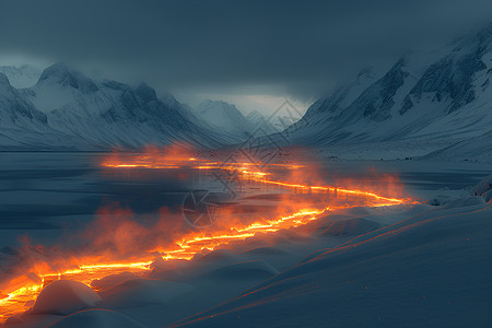 ps雪冰素材雪山下的火焰河流插画