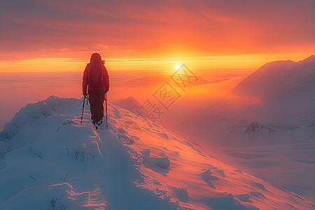 探险者登上夕阳下的雪峰图片