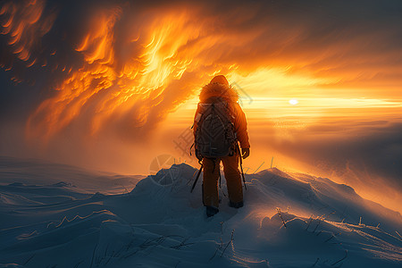 探险者在雪山夜景图片