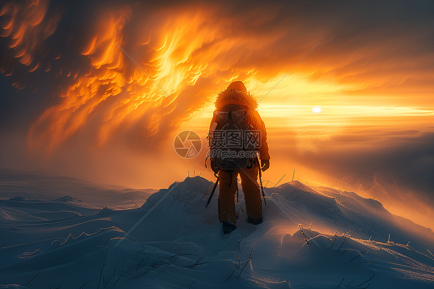 探险者在雪山夜景图片
