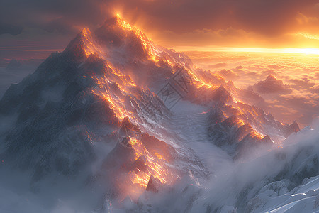 霞光照耀的雪山图片