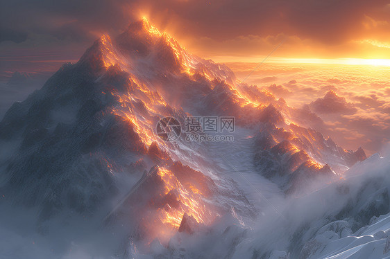 霞光照耀的雪山图片