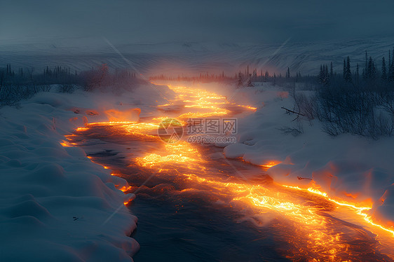 火焰在白雪覆盖的森林中流淌图片