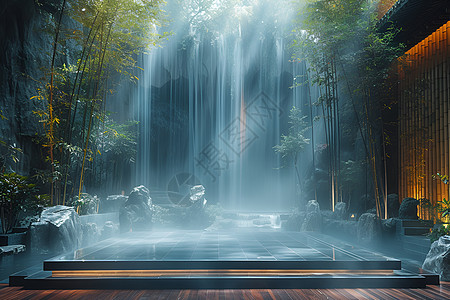 竹林与瀑布图片