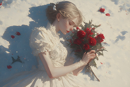 雪中白衣女子手持红玫瑰图片