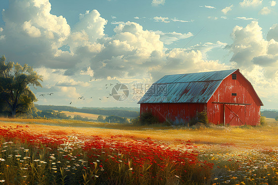 田园中的红色谷仓图片
