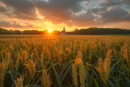 夕阳下金黄的稻谷图片