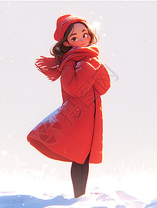 红衣女子迎雪而立图片
