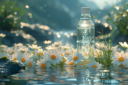 清净水瓶中的花与草图片