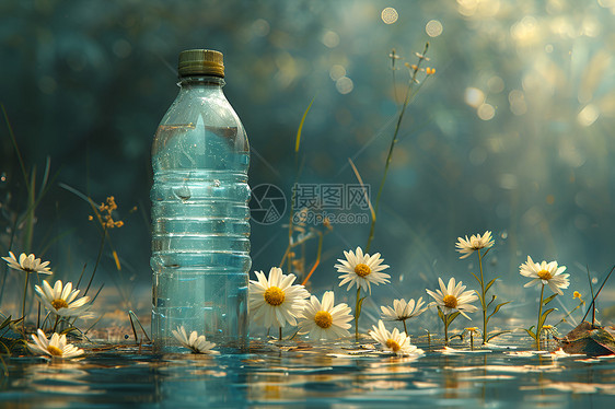 清幽的池塘中水瓶与雏菊共融图片