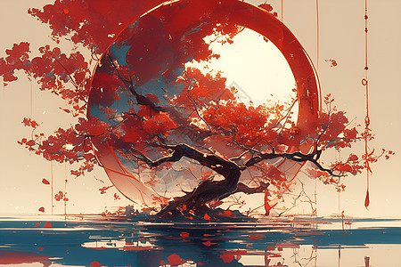湖边的红枫树背景图片