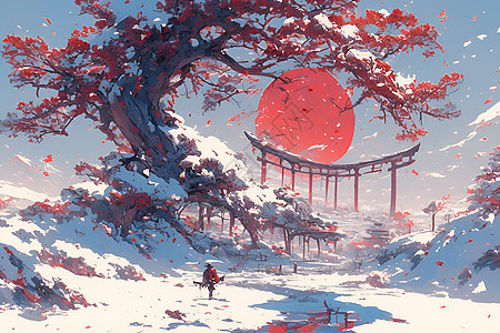 冬日雪地里的红梅树图片