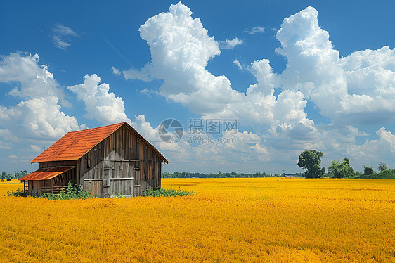金色稻田里的谷仓图片